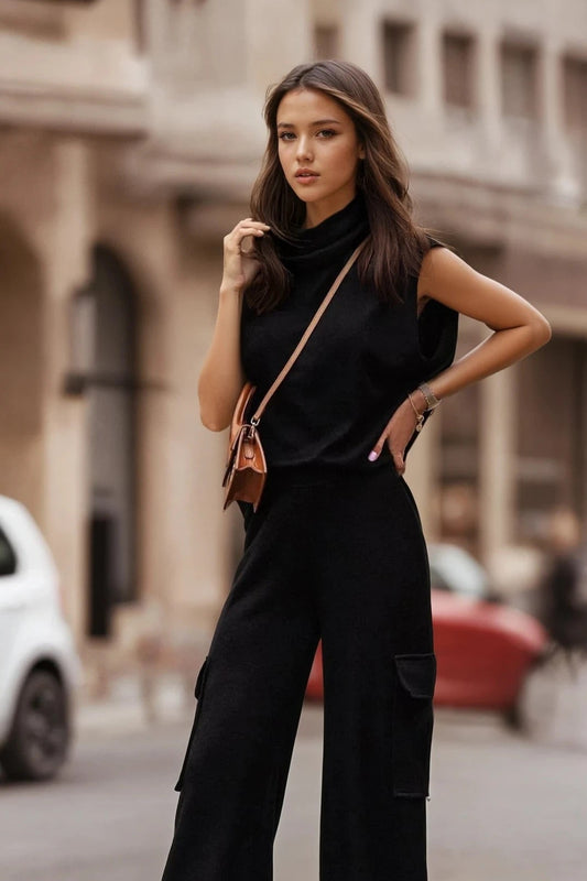 Turtleneck Sleeveless Top and Pocketed Pants Set