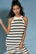 Contrast Striped Drawstring Detail Sleeveless Sweater Dress