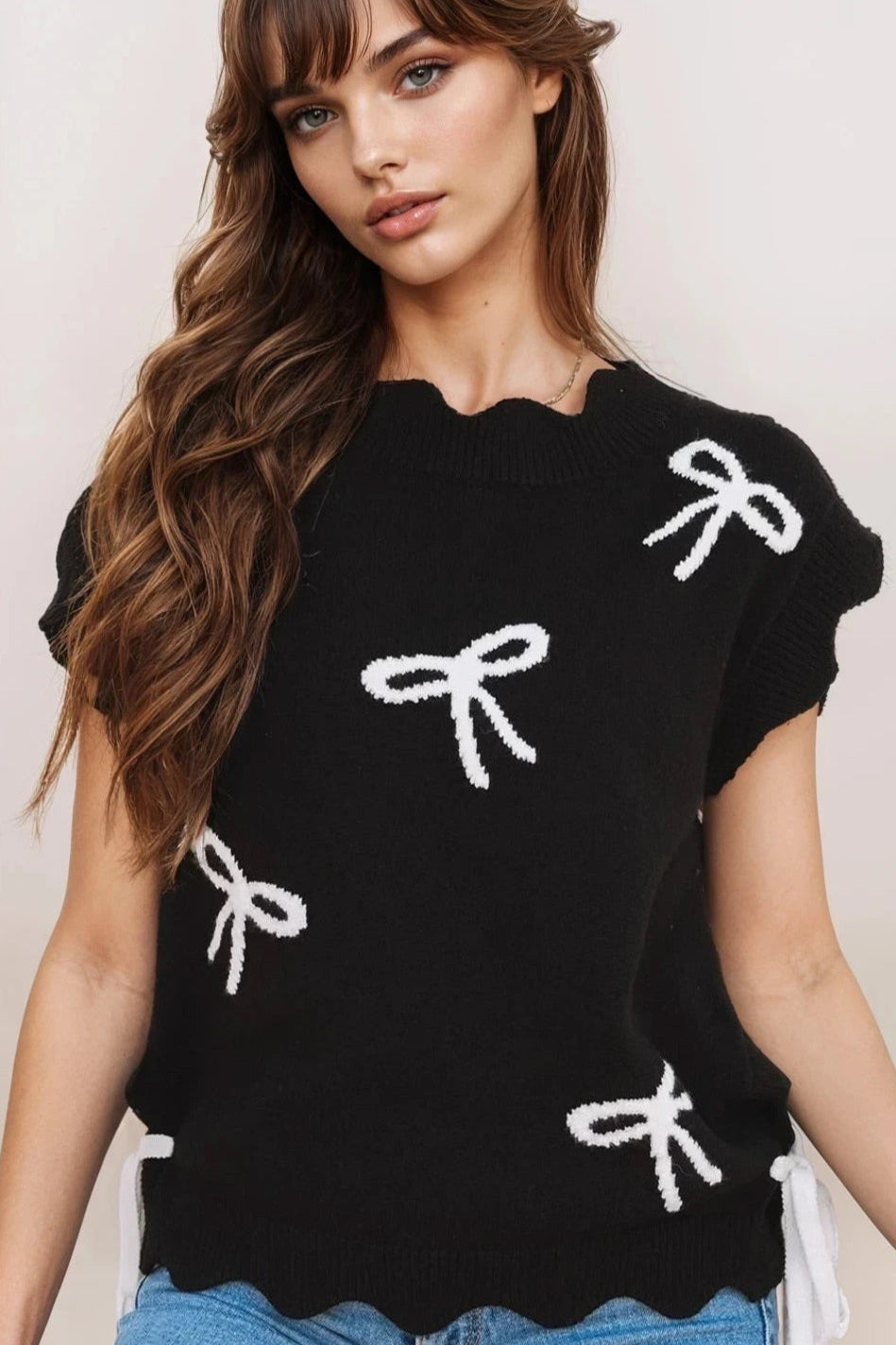 Bow Side Ties Scalloped Hem Cap Sleeve Sweater