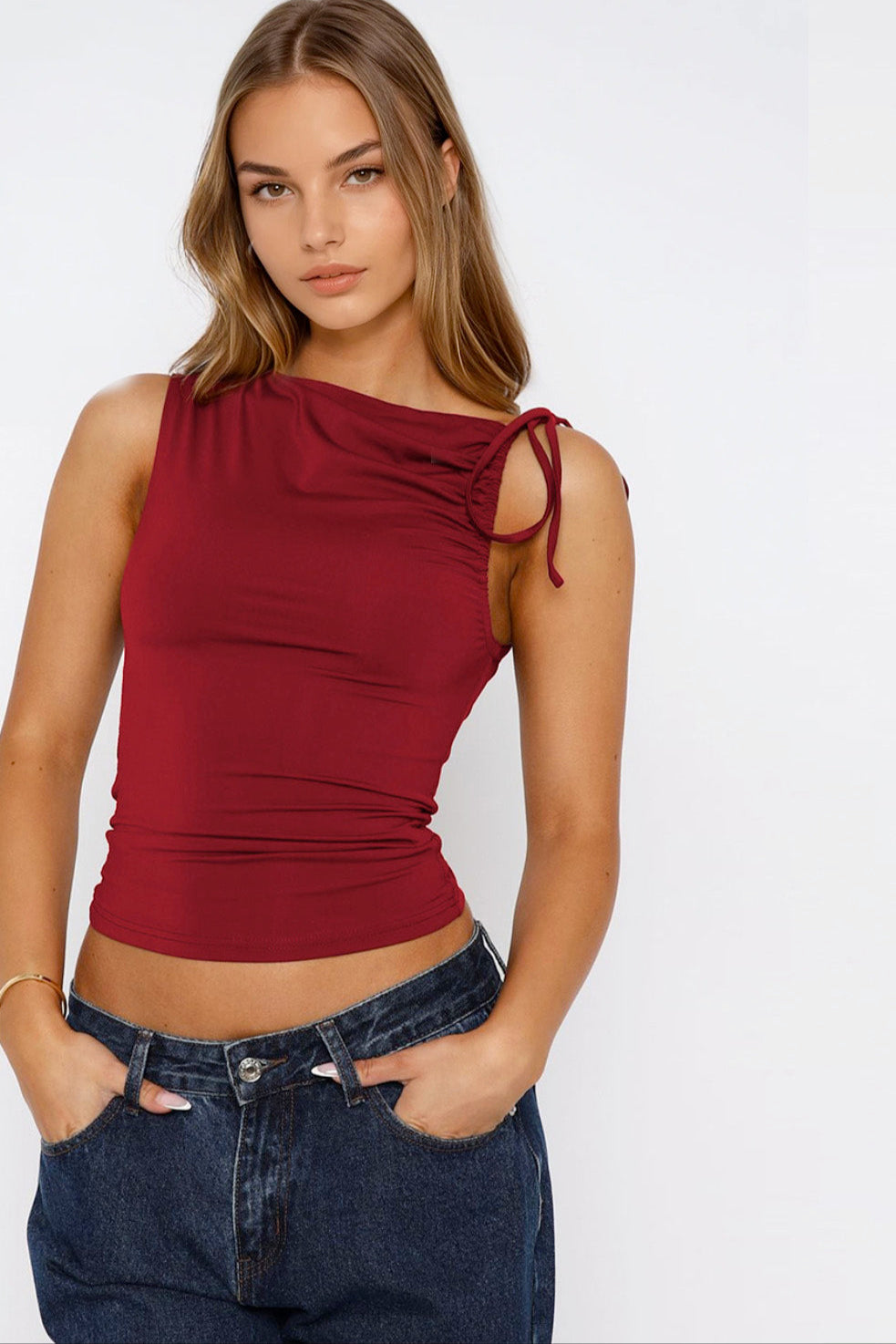 Ruched Tied Solid Color Tank