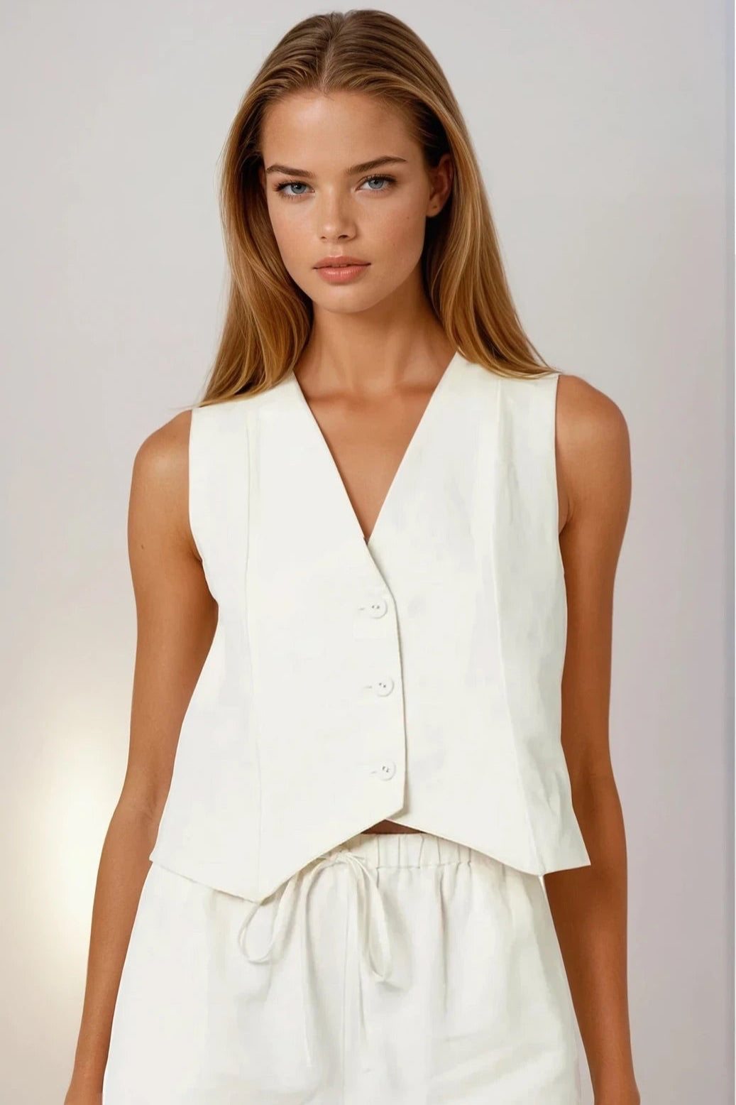 Button Up V-Neck Top and Pocketed Shorts Set