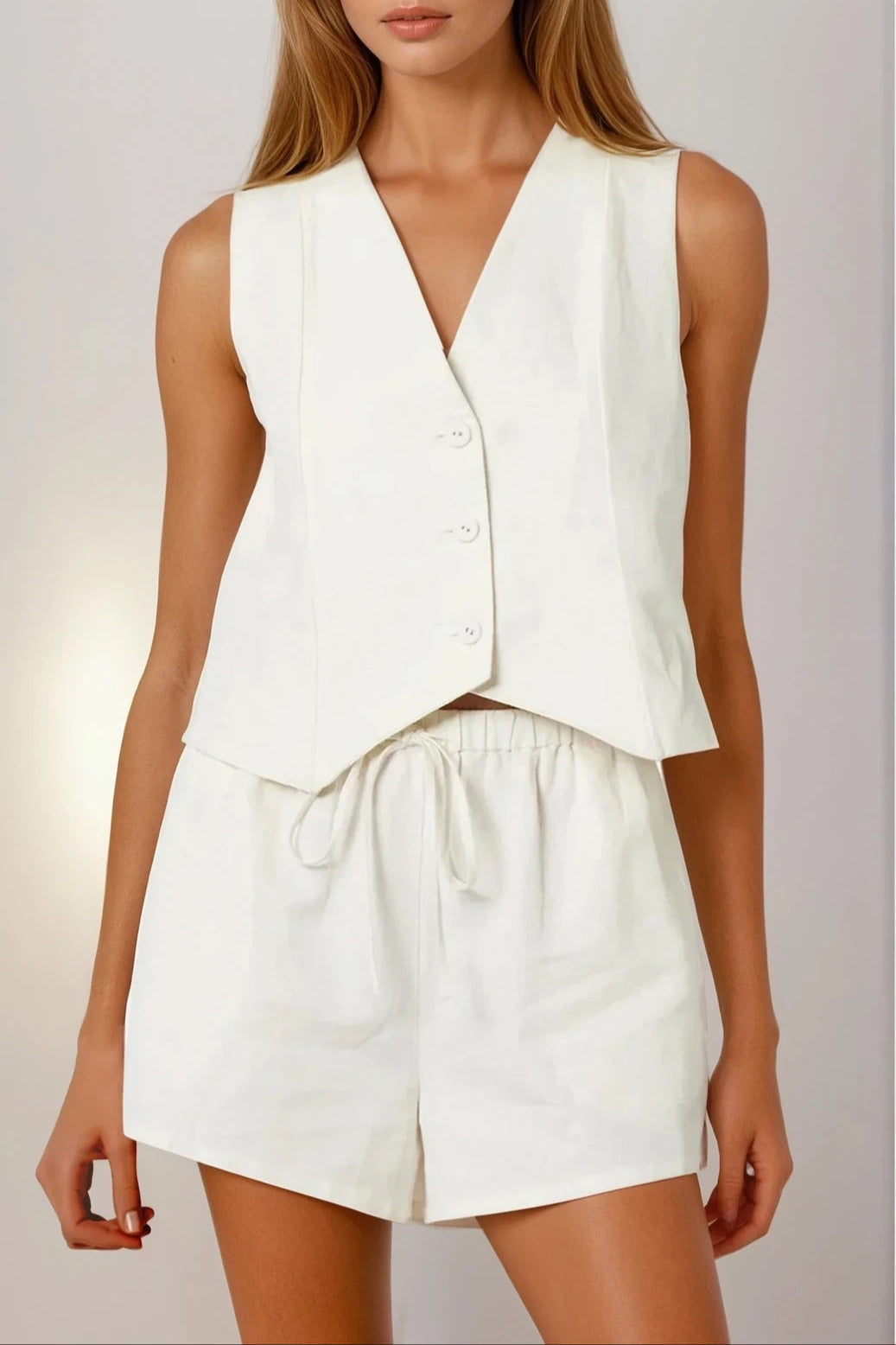 Button Up V-Neck Top and Pocketed Shorts Set