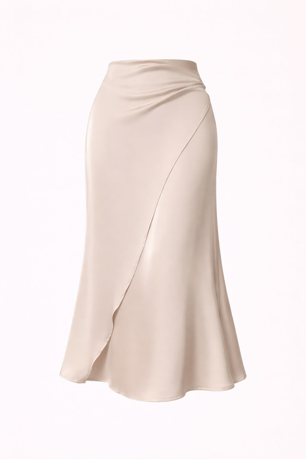 Beige satin skirt on a white background