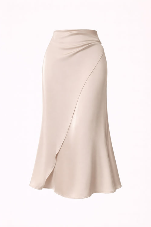 Beige satin skirt on a white background