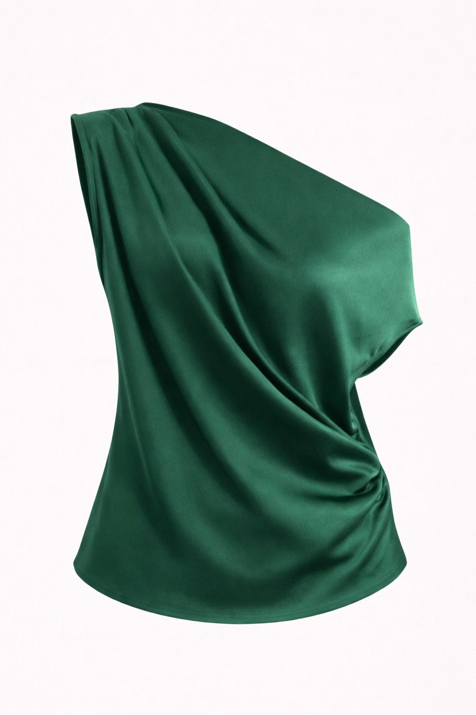 Green one-shoulder satin top on a white background