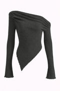 Black ribbed knit sweater with one shoulder design on a white background
