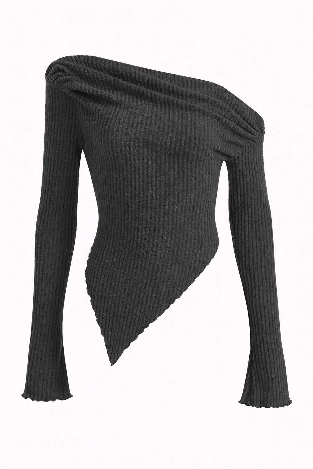 Black ribbed knit sweater with one shoulder design on a white background