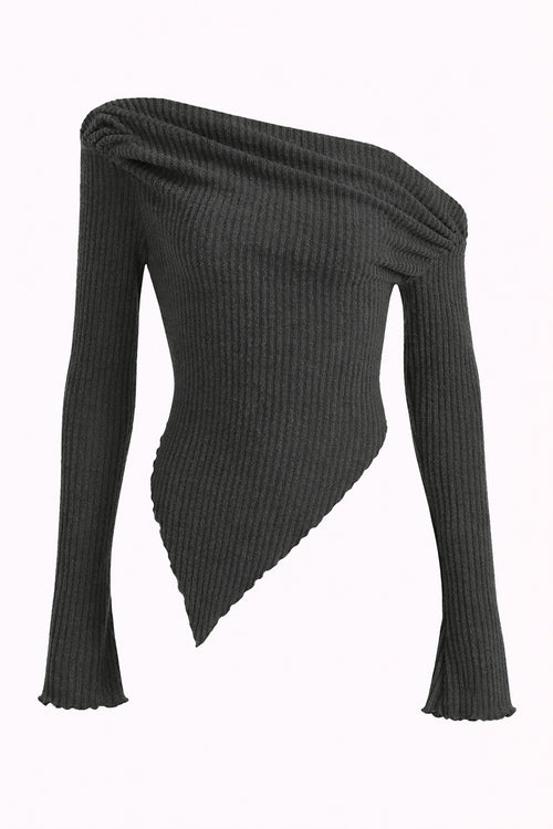 Black ribbed knit sweater with one shoulder design on a white background