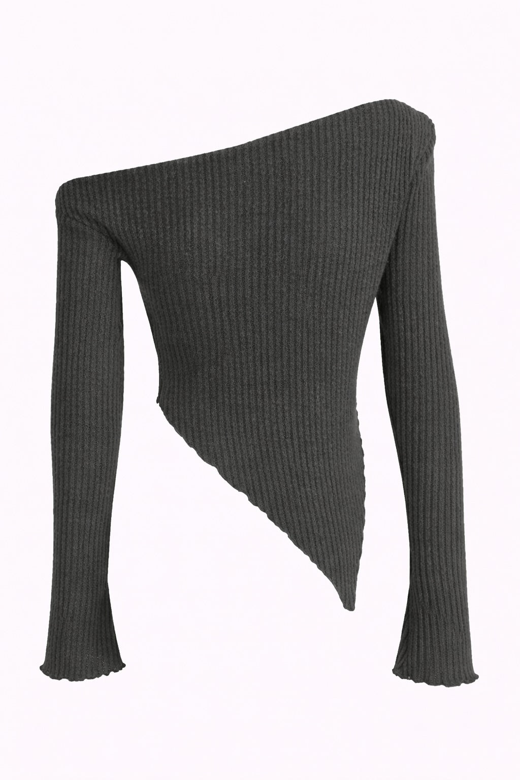 Gray ribbed sweater with one shoulder design on a white background