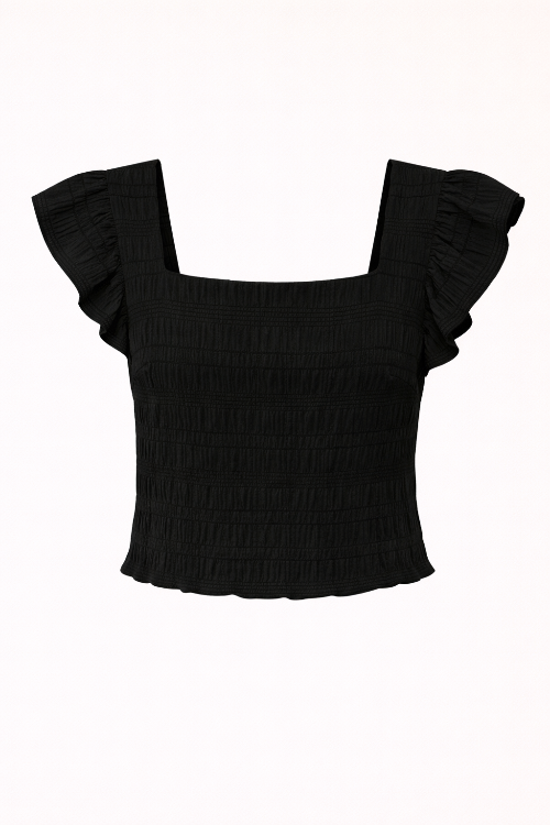 black smocked ruffle sleeve crop top for women combines feminine style with everyday comfort