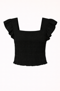 black smocked ruffle sleeve crop top for women combines feminine style with everyday comfort