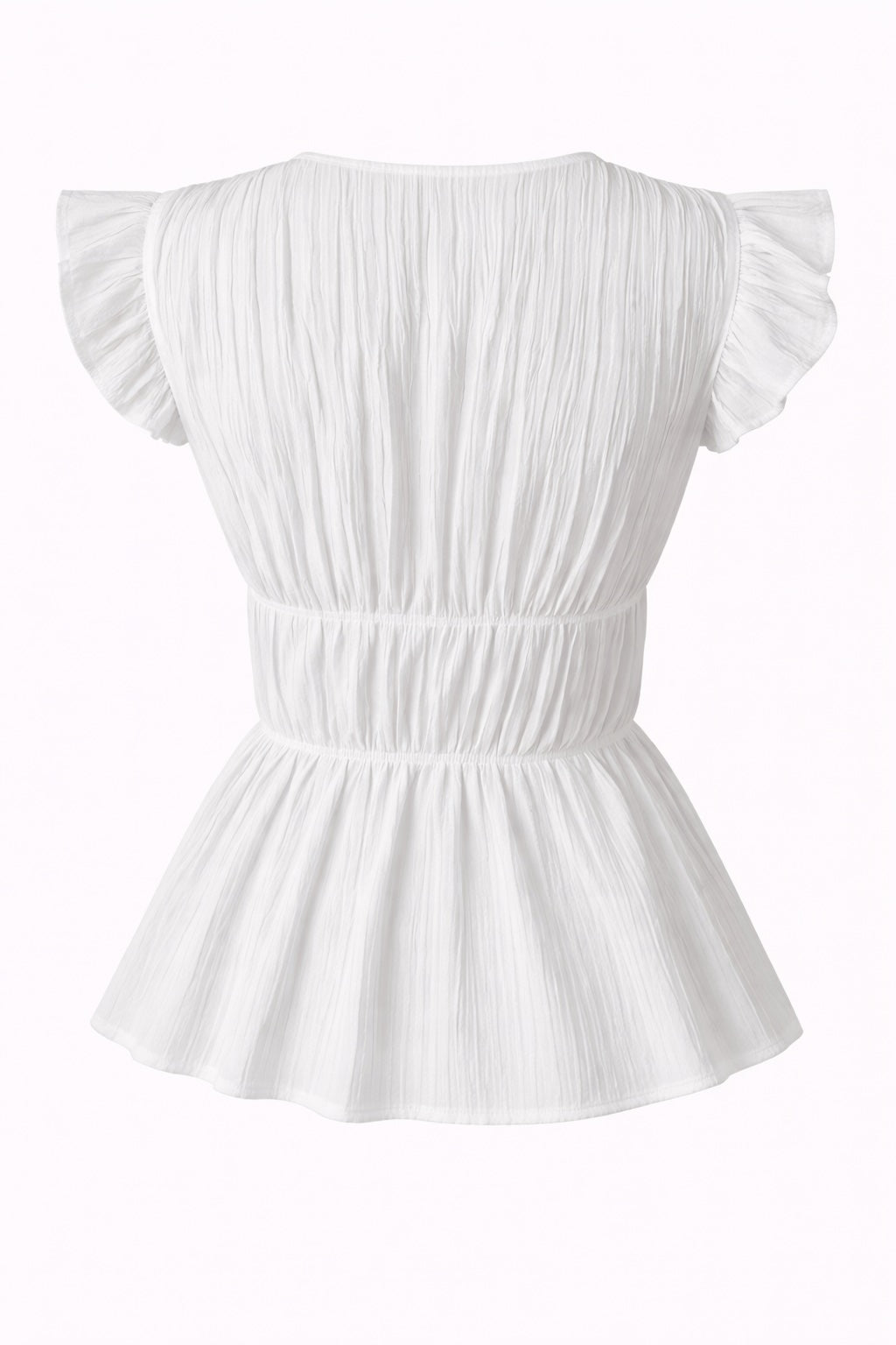 White pleated top with ruffled sleeves on a white background