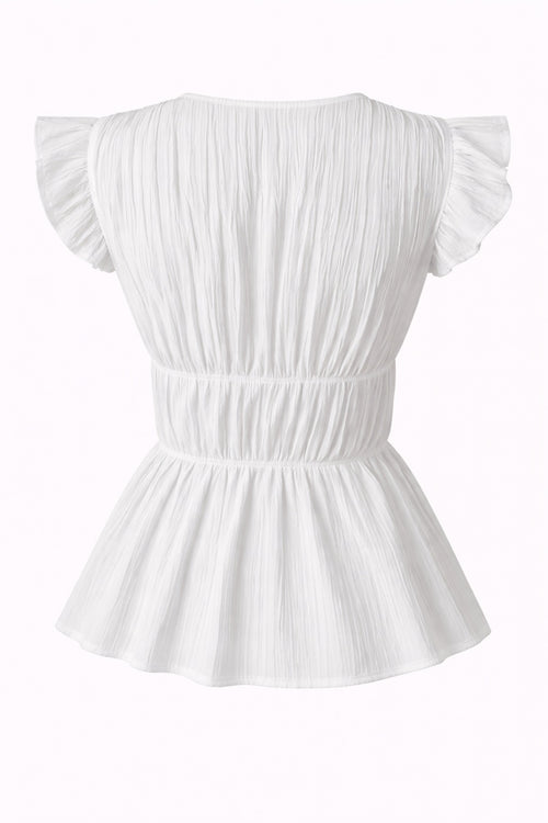 White pleated top with ruffled sleeves on a white background