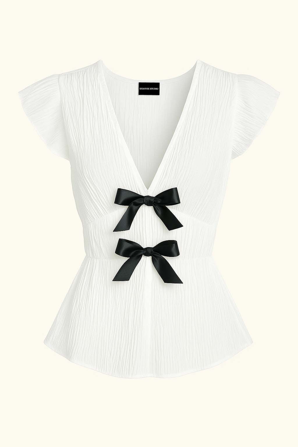 Bow V-Neck Cap Sleeve Blouse