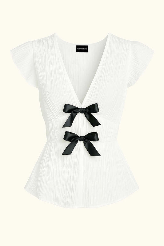 Bow V-Neck Cap Sleeve Blouse