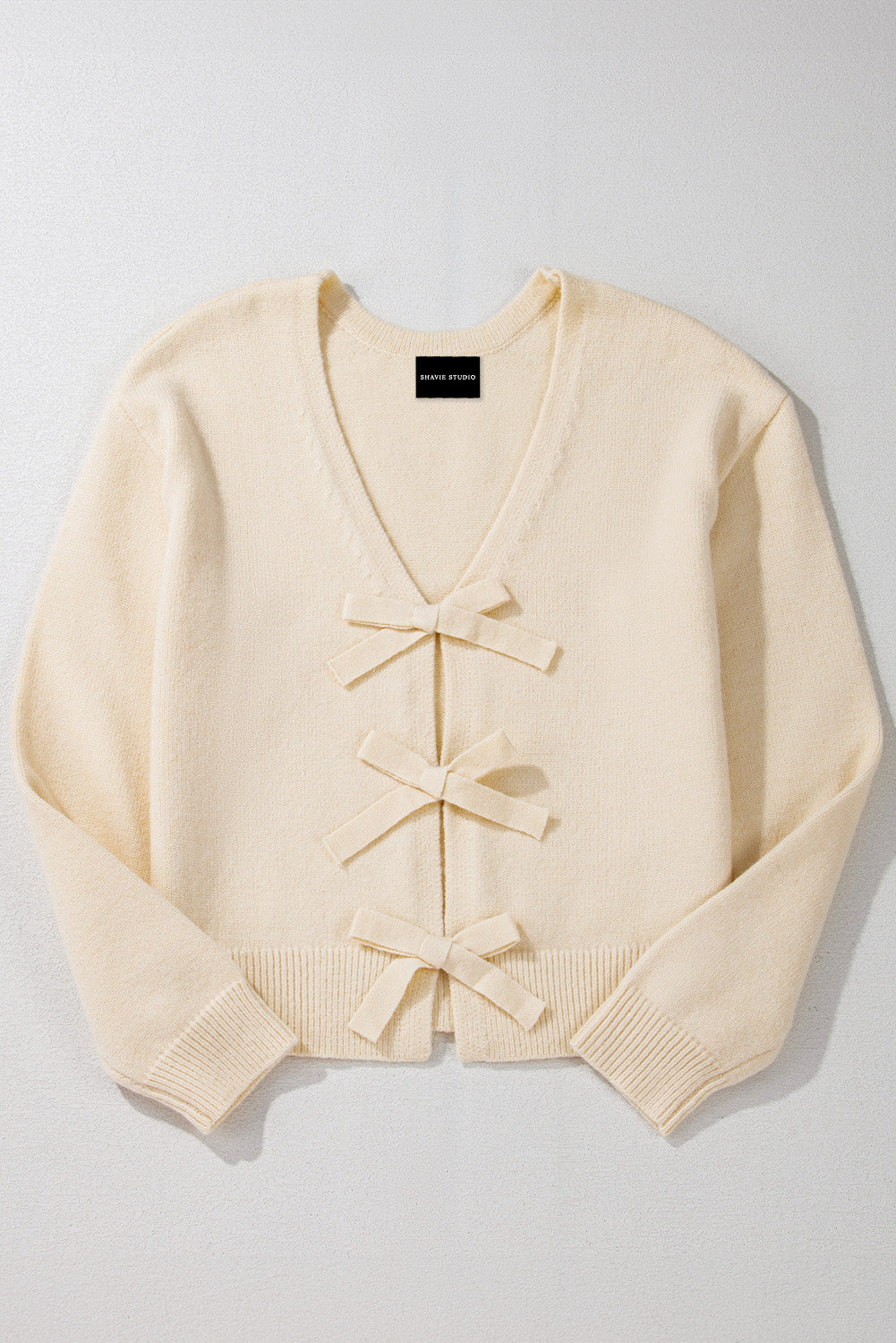 Bowknot Front V Neck Long Sleeve Cardigan