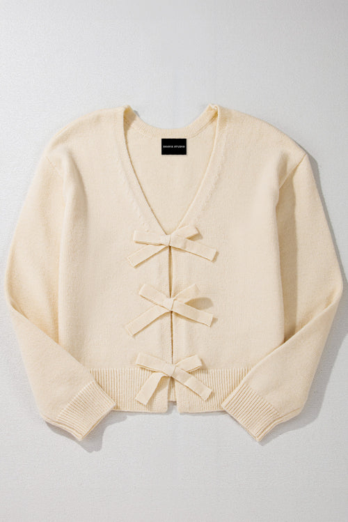 Bowknot Front V Neck Long Sleeve Cardigan