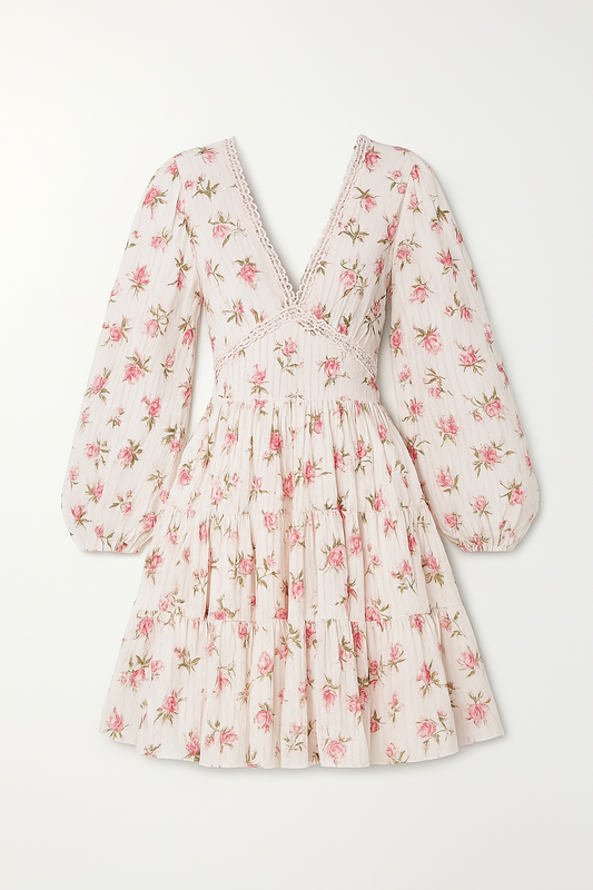 Lace Detail V-Neck Balloon Sleeve Dress