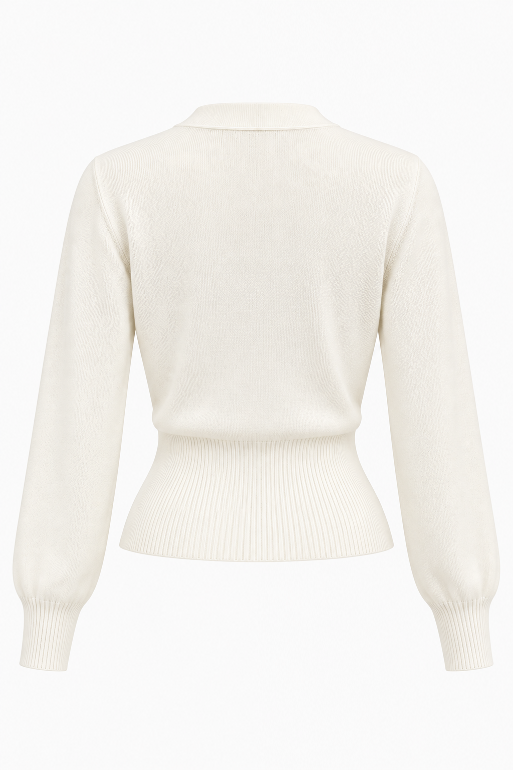 An off-white knit sweater with a mock neck, long sleeves, and a ribbed hem and cuffs, shown from the back on a plain white background.