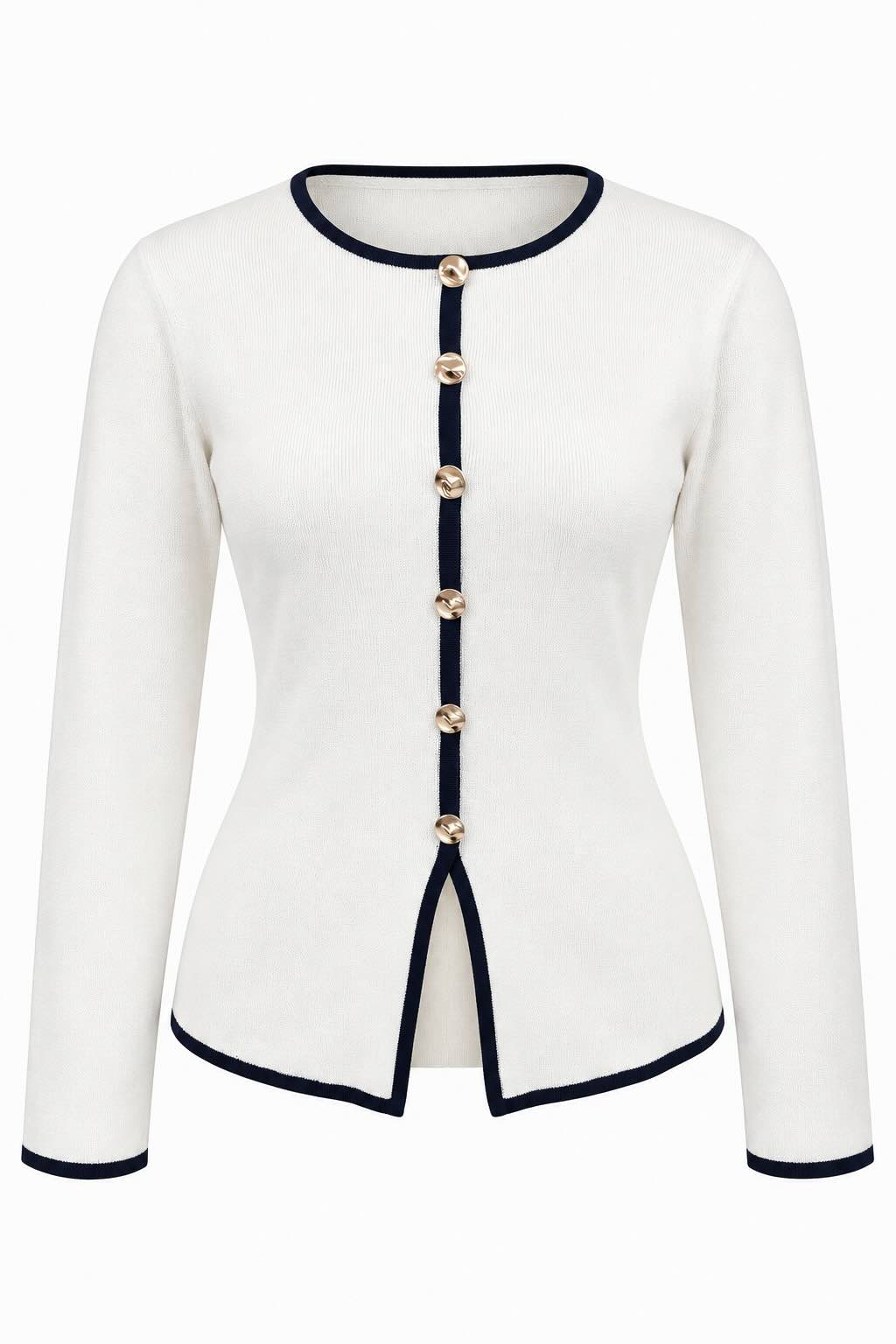 An off-white long-sleeve knit cardigan with dark navy blue trim and a vertical row of gold-tone decorative buttons down the front.