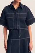 Cropped Short Sleeve Contrast Stitch Denim Top