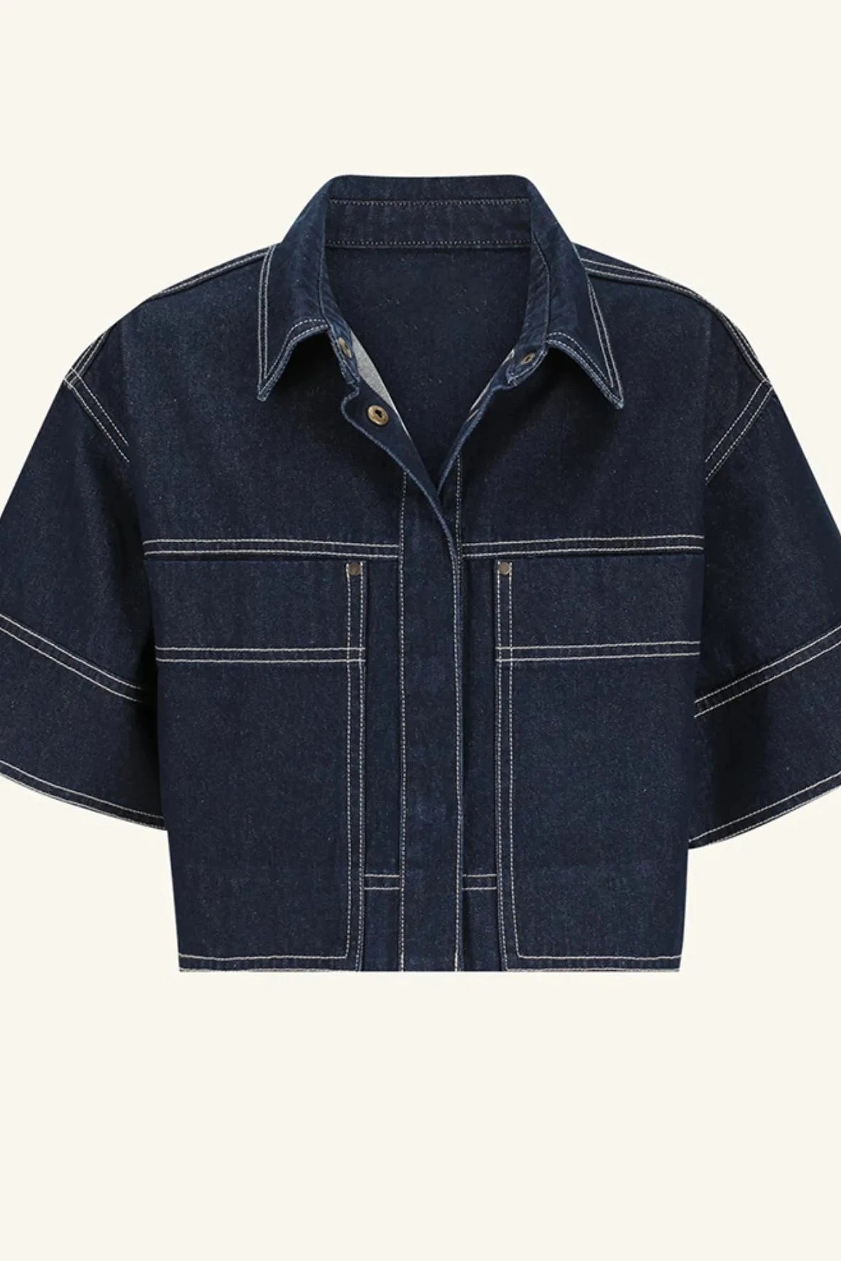 Cropped Short Sleeve Contrast Stitch Denim Top1 