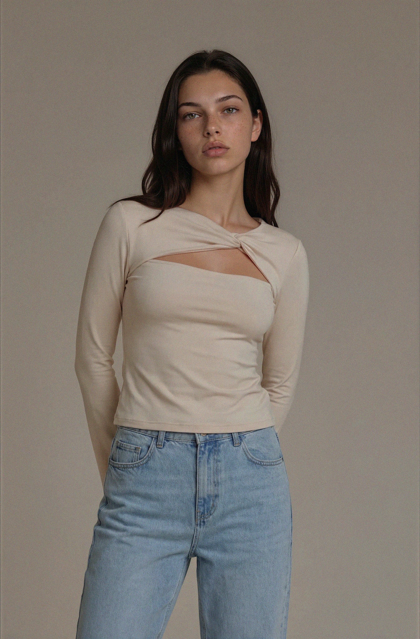 Cutout Knot Front Long Sleeve Top