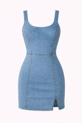 Blue denim dress on a white background