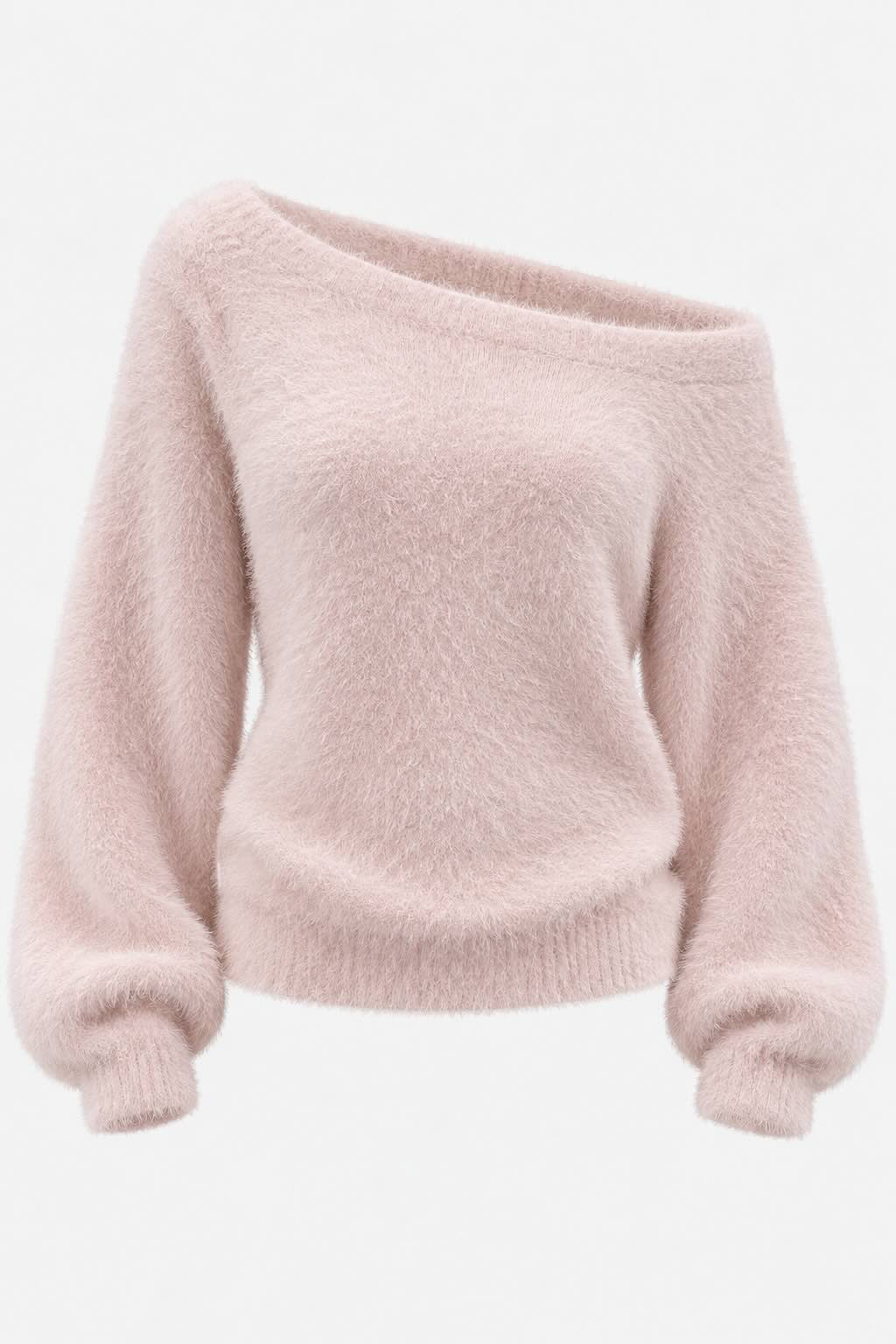 A light pink fuzzy knit sweater with an off-the-shoulder neckline and long balloon sleeves, shown against a plain white background.