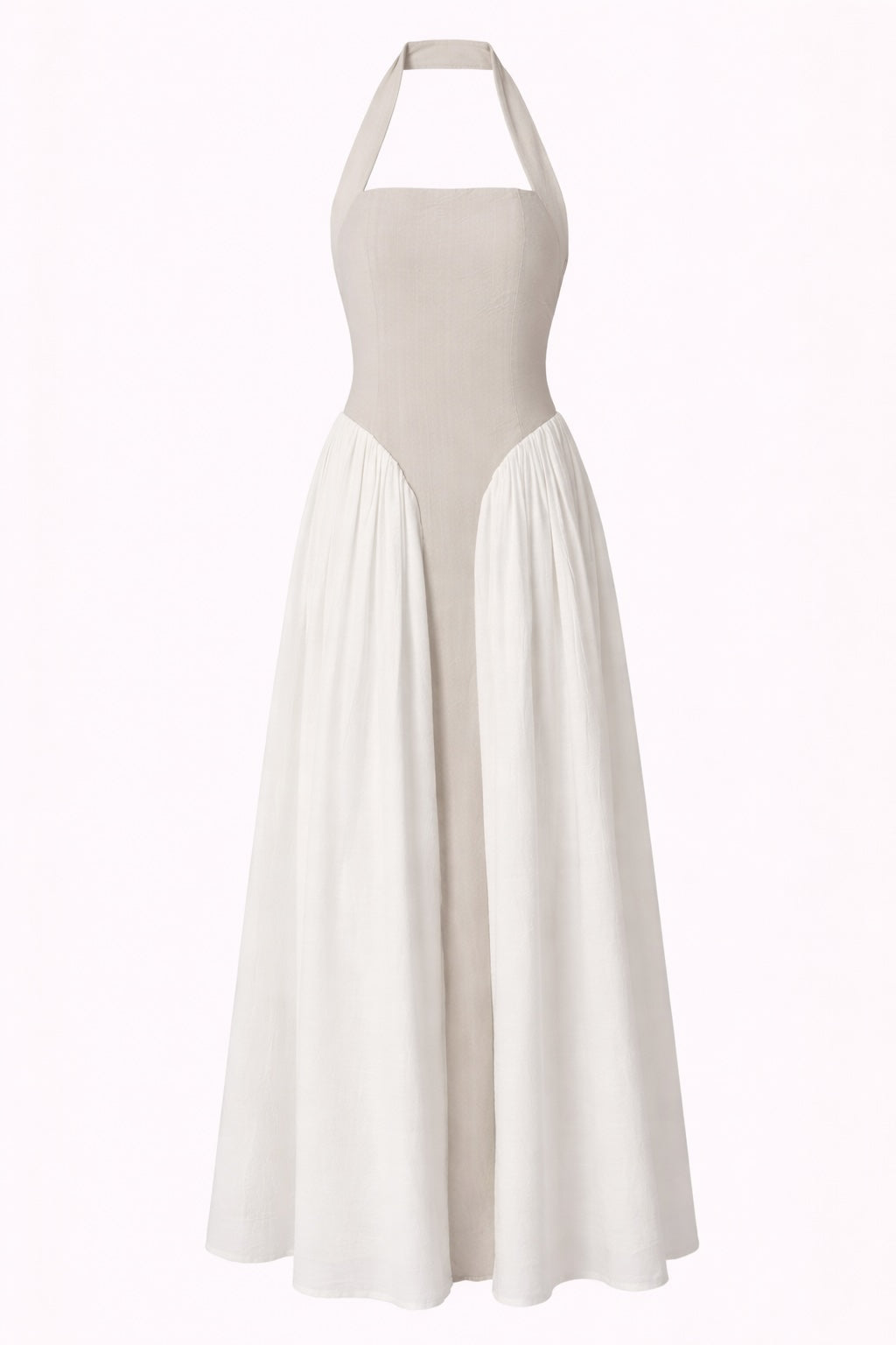 White halter neck dress with a long skirt on a white background