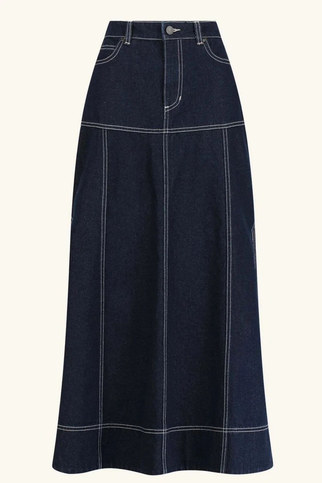 High-Waist Side Slit Contrast Stitch Denim Maxi Skirt