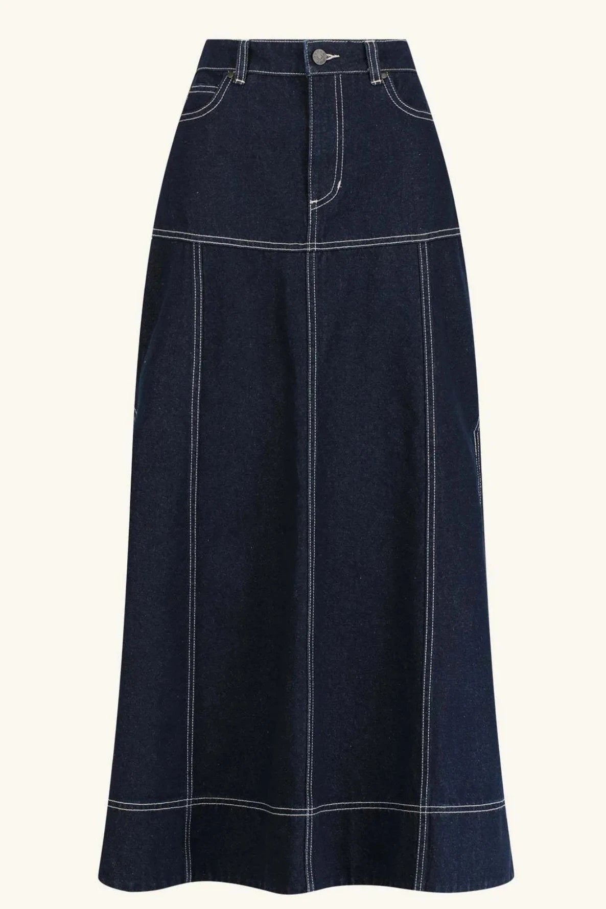 High-Waist Side Slit Contrast Stitch Denim Maxi Skirt