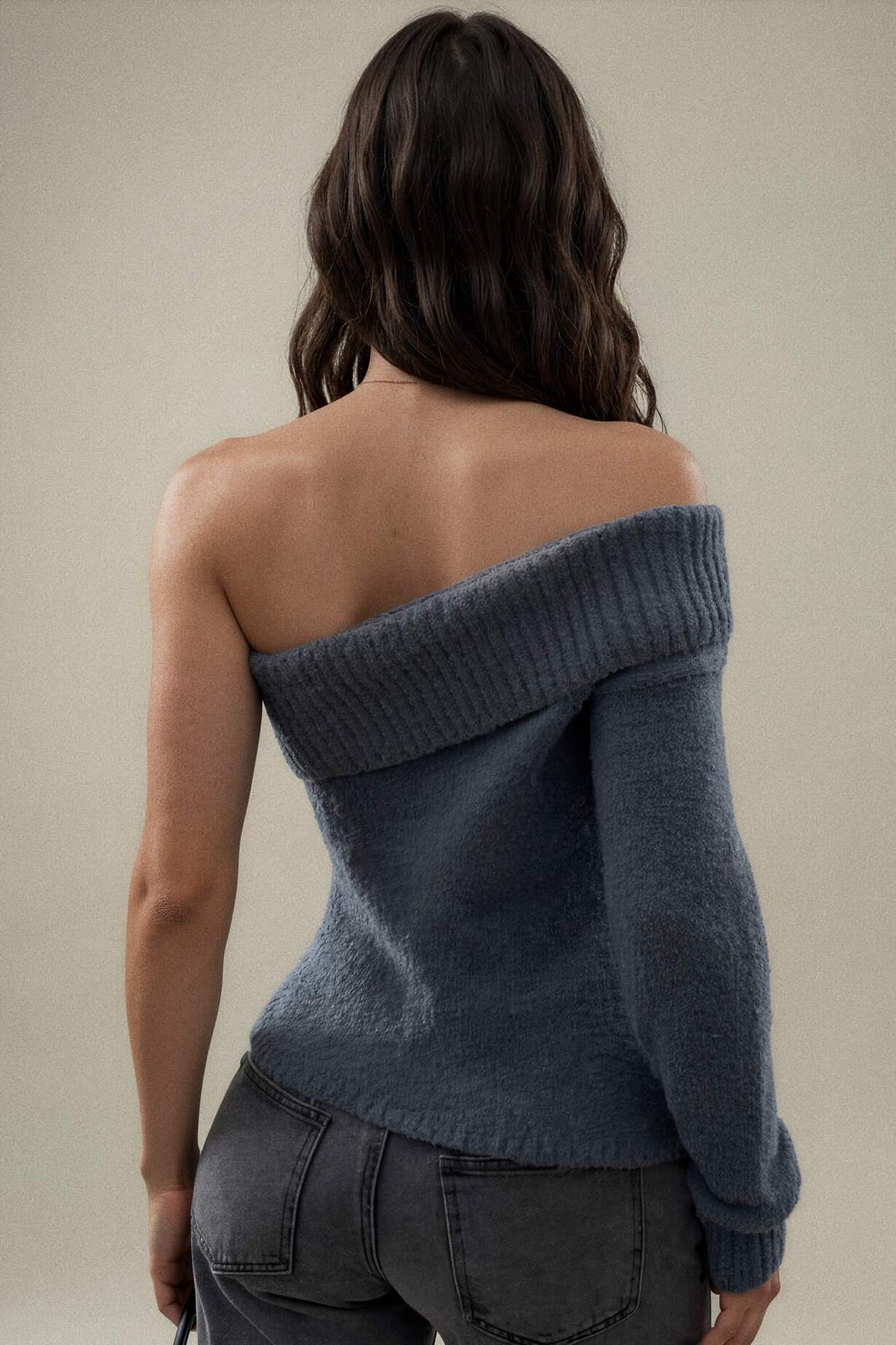 One-Shoulder Ribbed Trim Fuzzy Sweater