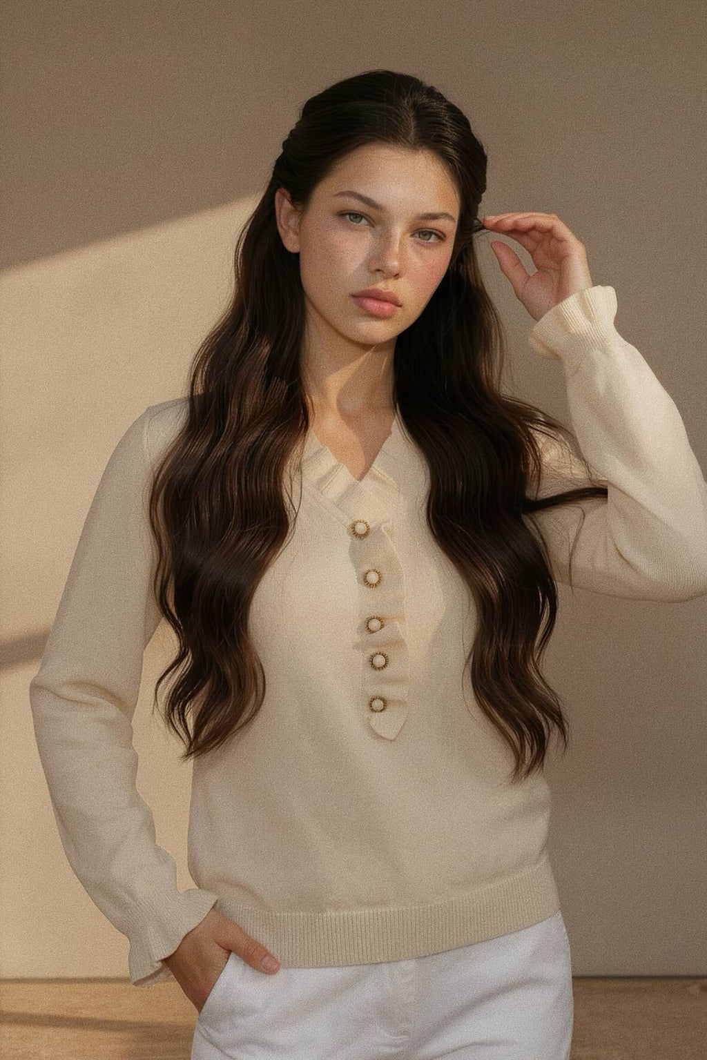 A woman with long, wavy dark brown hair wearing a cream-colored knit cardigan sweater with decorative buttons down the front, paired with white pants, standing against a neutral beige background.