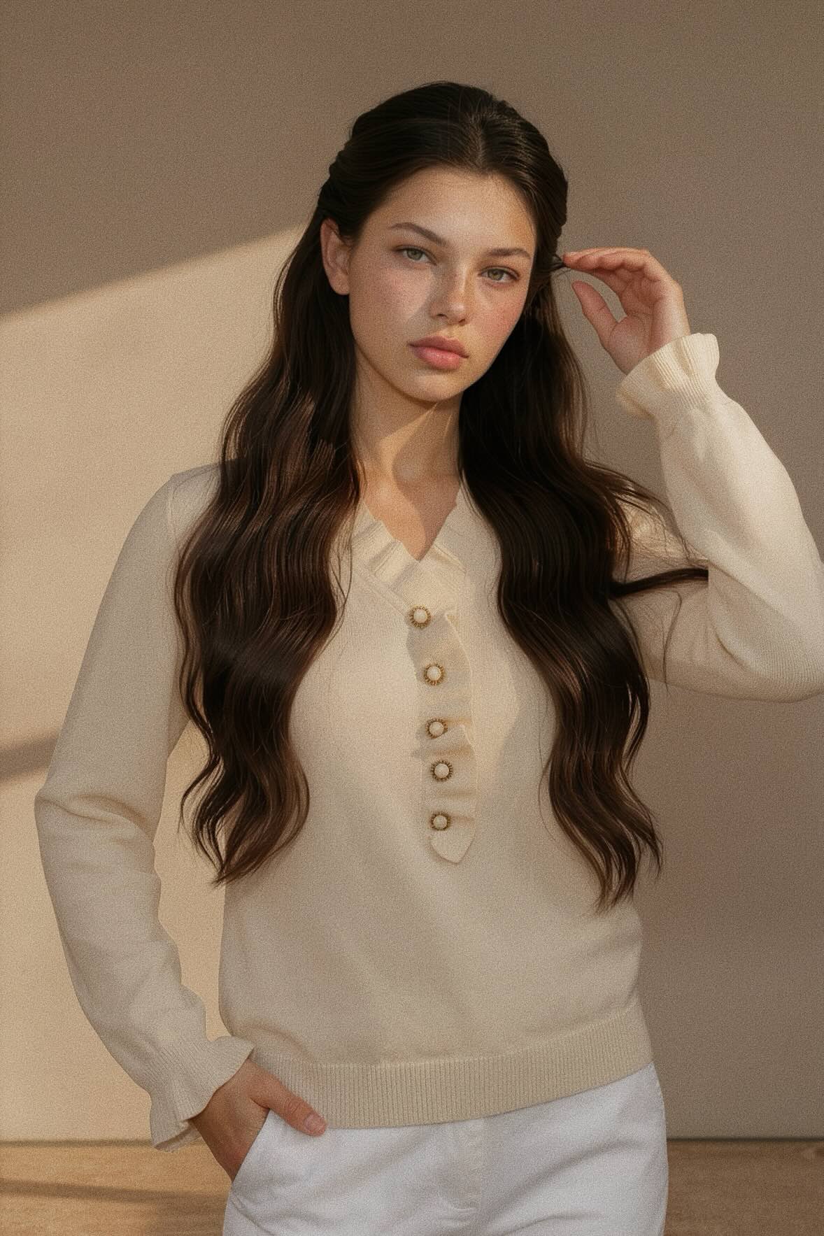 A woman with long, wavy dark brown hair wearing a cream-colored knit cardigan sweater with decorative buttons down the front, paired with white pants, standing against a neutral beige background.