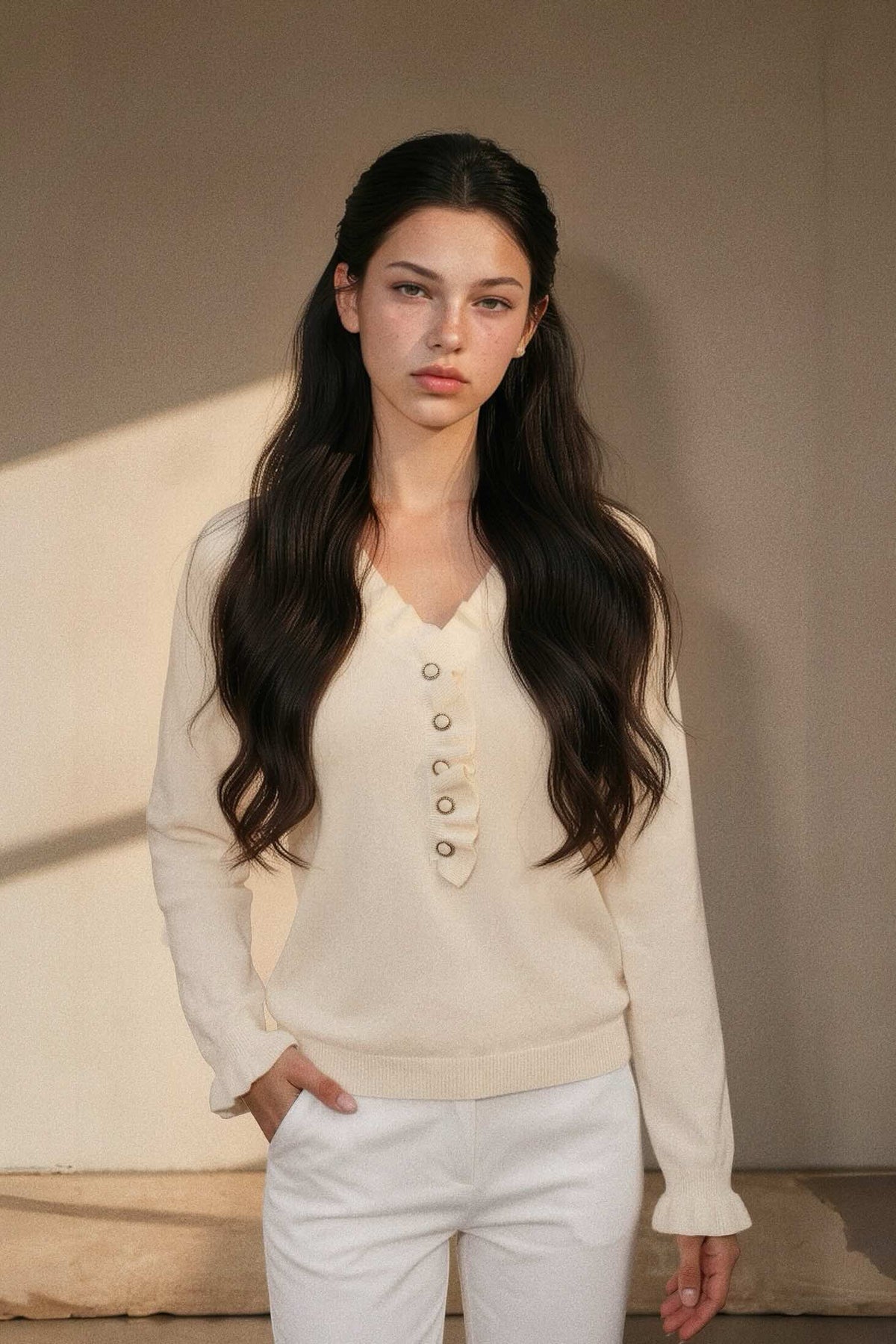 A woman with long dark wavy hair wearing a cream-colored knit henley sweater with button details and white pants, standing against a neutral beige wall.