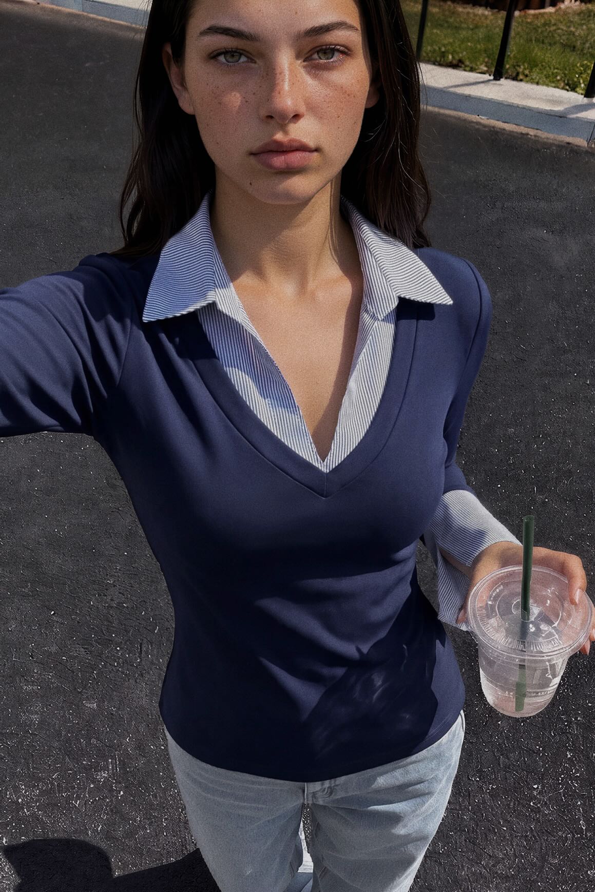 A woman wearing a navy blue long-sleeve V-neck top with a light blue and white striped collar, standing outdoors on asphalt and holding a clear plastic drink cup.
