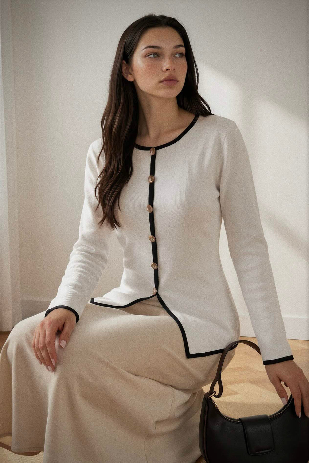 Contrast Trim Button Decor Knit Top
