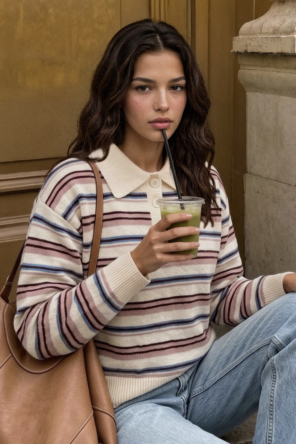 Striped Polo Collar Sweater