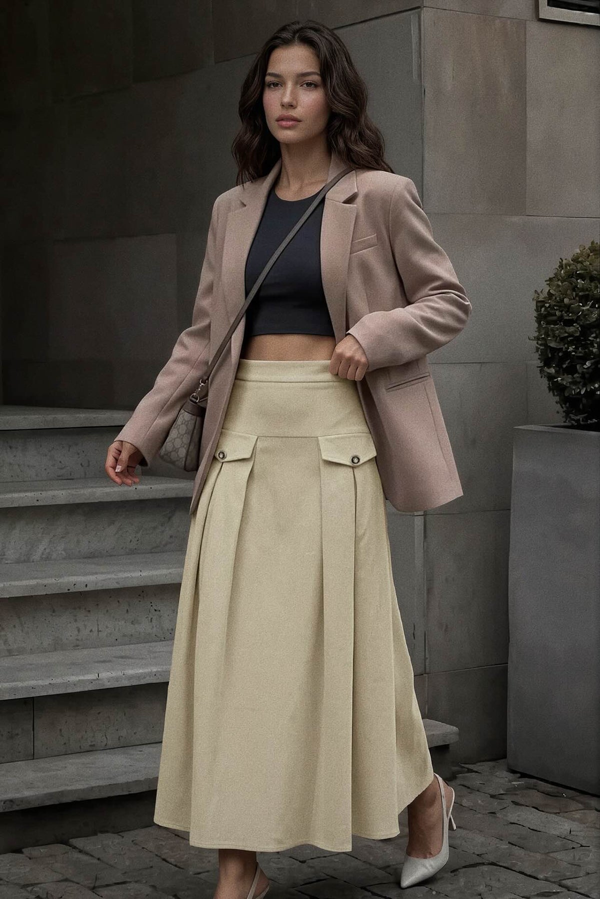 High Waist Pleated Midi Skirt