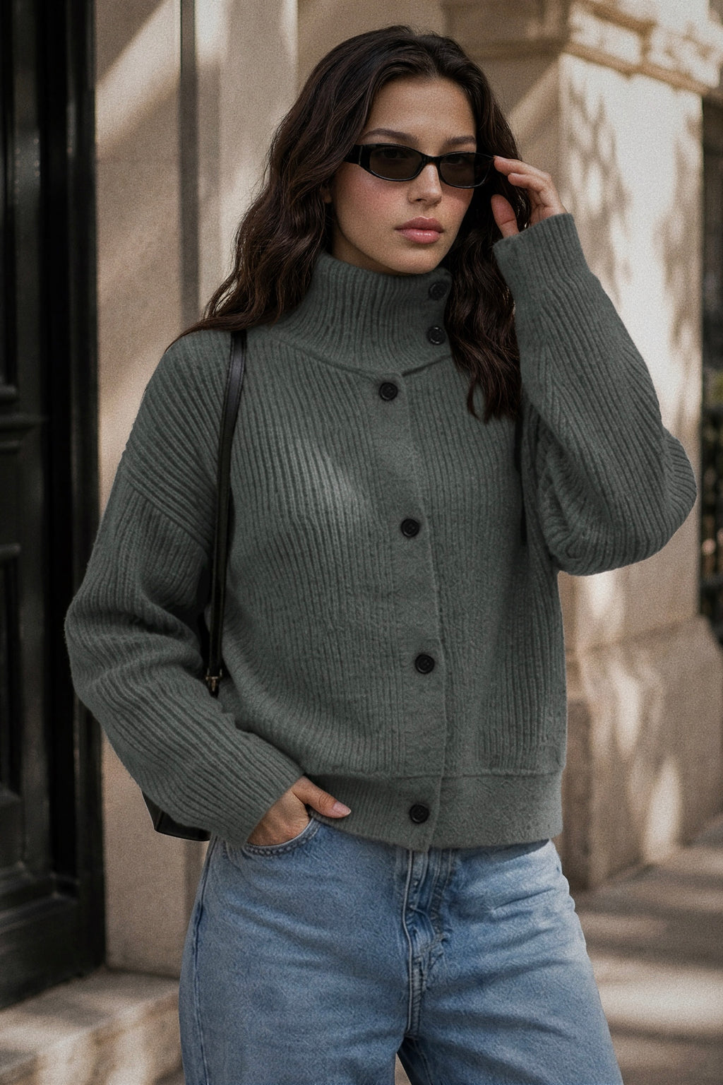 Turtleneck Button-Down Cardigan