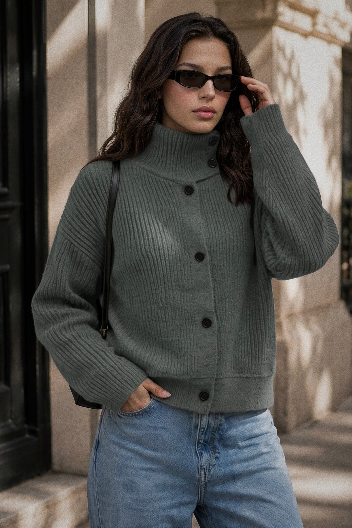 Turtleneck Button-Down Cardigan