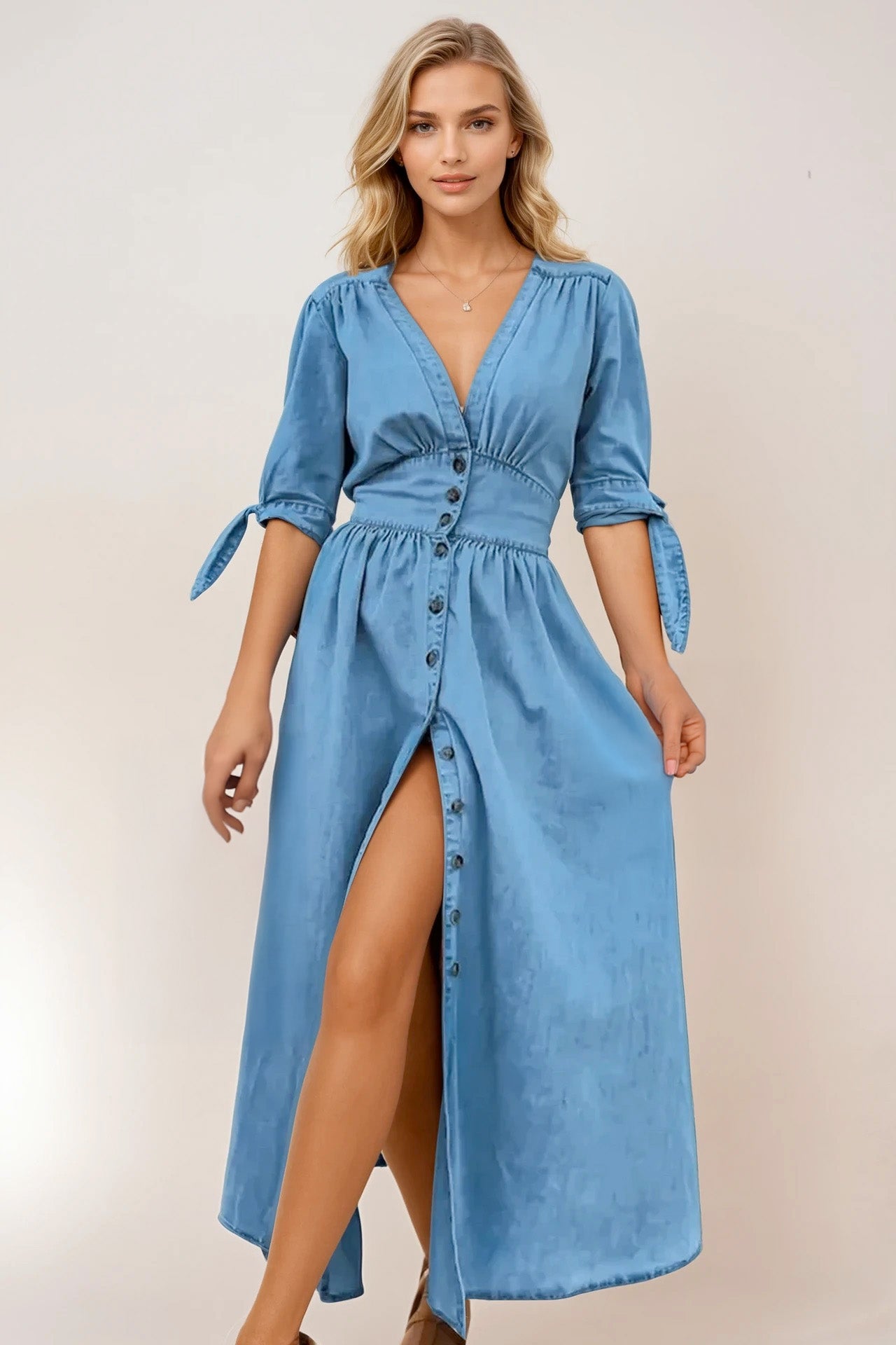 Plunge Button Up Half Sleeve Denim Dress