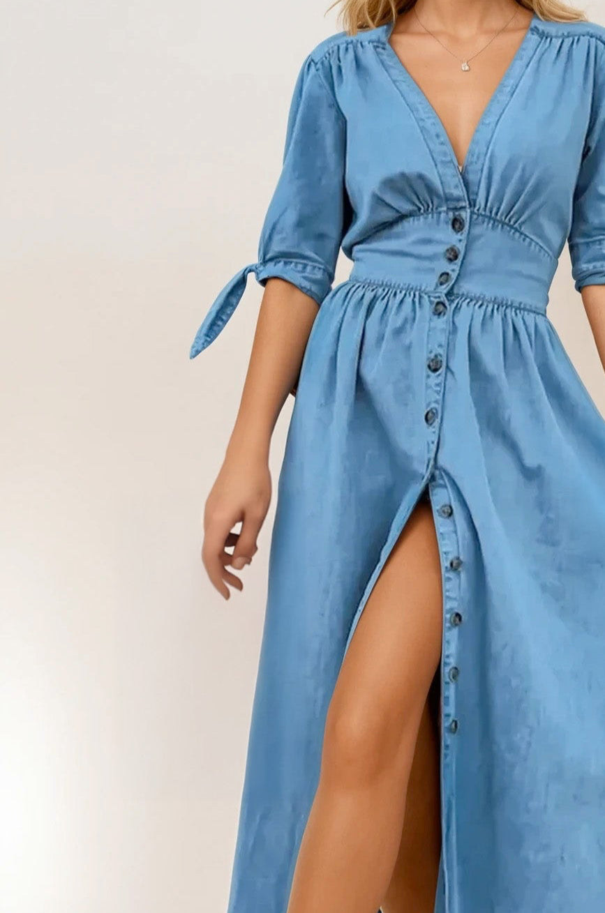 Plunge Button Up Half Sleeve Denim Dress