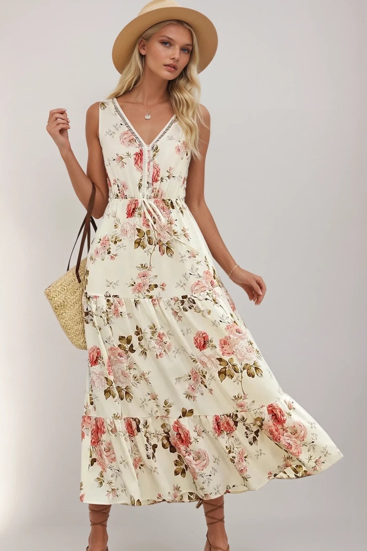 Printed Ruffled Hem V-Neck Sleeveless Dress
