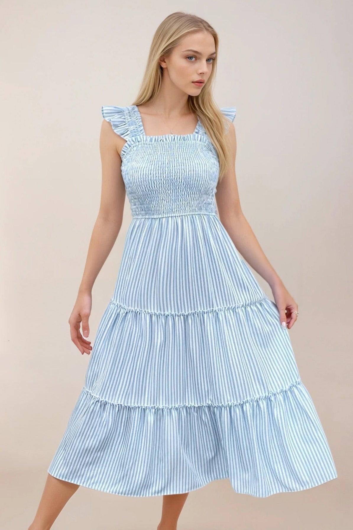 Smocked Striped Wide Striped Midi Dress