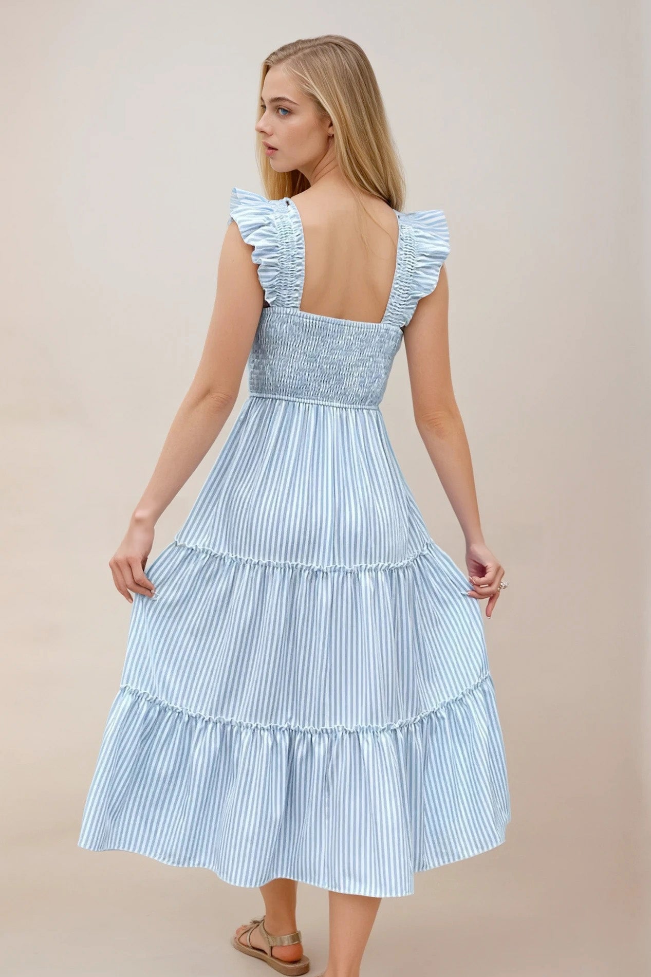 Smocked Striped Wide Striped Midi Dress