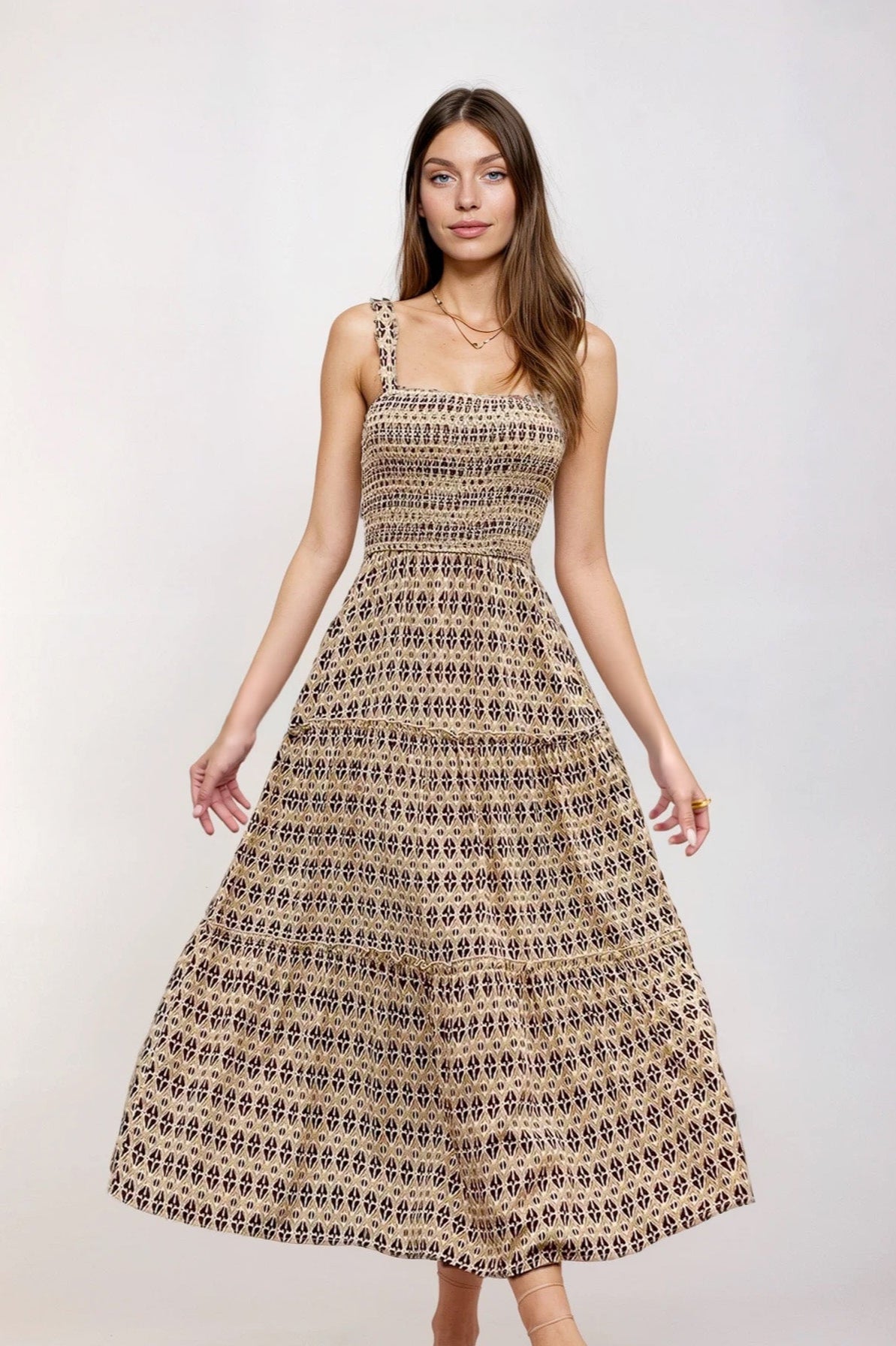 Printed Tiered Wide Strap Midi Dress