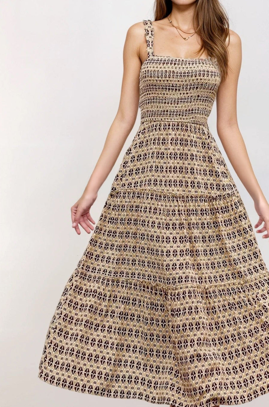 Printed Tiered Wide Strap Midi Dress