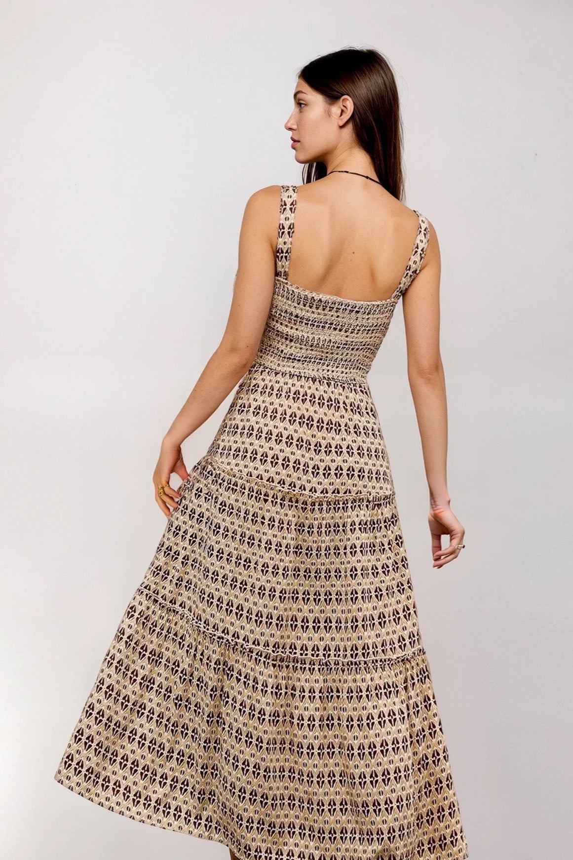 Printed Tiered Wide Strap Midi Dress